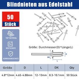 Pack of 50 Blind Rivets 4.8 x 12 mm Stainless Steel A2 V2A Pop Rivets with Open End, Steel Rivets, Steel Blind Rivets