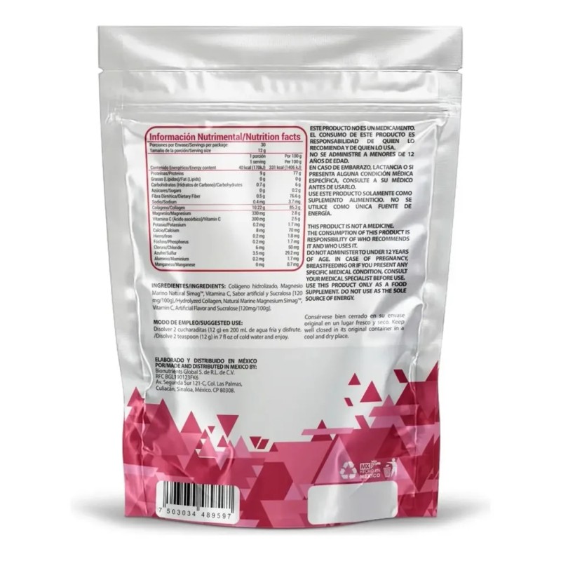 Wellthy Colageno Hidrolizado Magnesio Vit C Sabor Fresa 360g