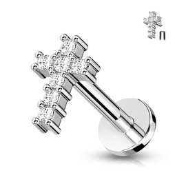 Pierced Owl 16G Stainless Steel Internally Threaded CZ Crystal Paved Cross Top Flat Back Labret Monroe Lip Cartilage Helix Ear Lobe Stud (Silver Tone, Bar Length: 6mm)