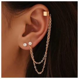 Andelaisi Boho Crystal Tassel Chain Cuff Earrings Gold Cartilage Chain Earring Vintage Chain Crawler Climber Earrings Sparkly Cz Crystal Cartilage Wrap Earring Jewelry for Women