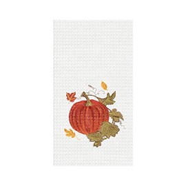 C&F Home Red Autumn Pumpkin Leaves Embroidered Waffle Weave Towel Harvest Thanksgiving Machine Washable Kitchen Home Drying Dishtowel Decor Decoration 18" x 27" White