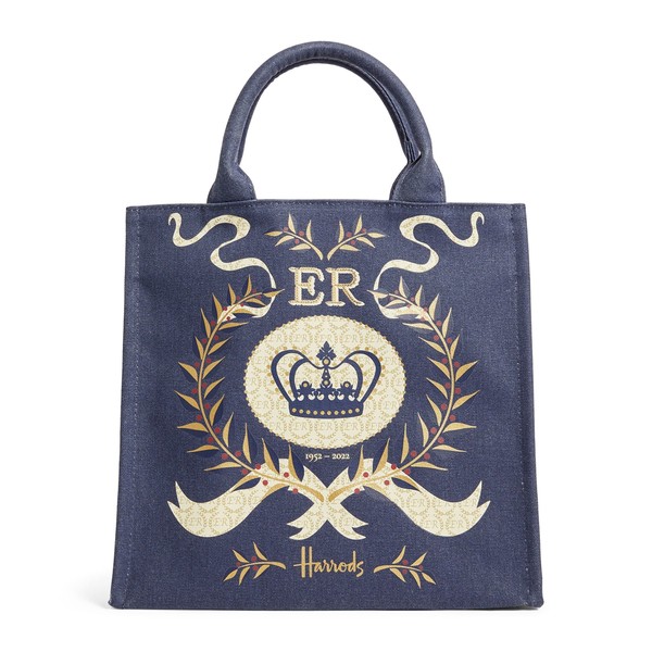 Harrods UK 2022 Platinum Jubilee Queen 70th Anniversary Limited Edition Bag, Navy, Queen's Platinum Jubilee Shopper Bag, Navy, navy