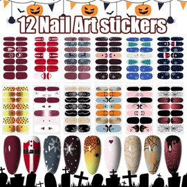 12 Sheet Christmas & Halloween Nail Polish Stickers for Women - Reindeer, Santa, Snowman & Spider, Spiderwebs Gel Stick On Nails Polish Strips Full Wraps, Self-Adhesive Stickers for Holiday