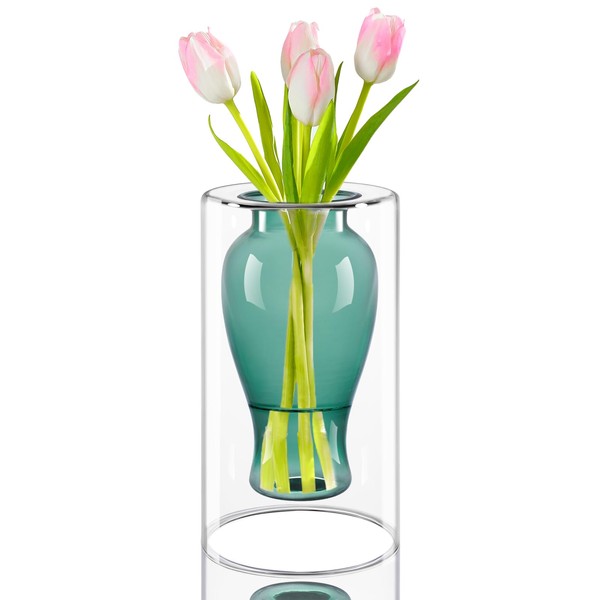 ZENS Glass Vase for Table Decoration, Modern Geometric Glass Vases, Green Flower Vases, Clear Glass Vases for Living Room, Home Decoration, Wedding Decoration