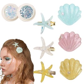 8 Pcs Starfish Hair Clip Set Seashell Hair Barrettes and Body Face Glitter Cute Resin Hairpins Alligator Clips for Women Girl Beach Party Mermaid Costume Accessories Cosplay Makeup Supplies