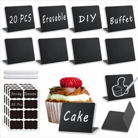 54-Piece Set of Mini Chalkboard Signs for Food: 20 Erasable Chalk Board Table Sign Labels, 2 White Markers, 32 Removable Stickers, Display Stand Tags for Buffet, Party, Wedding, Bakery, Tabletop Menu