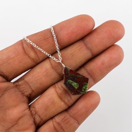 Natural Dragon Bloodstone Jasper Gemstone Dainty Pendant Necklace, Handcrafted Fancy Jewelry, Chakra Stones, Healing Crystals, Adjustable Silver Plated Chain, Gift for Womem, 18 Inch