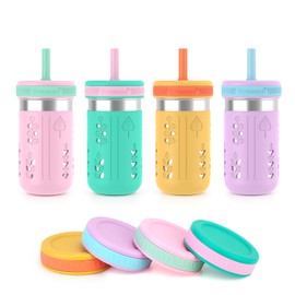 Tronco 4 Pack 15oz 2-in-1 Stainless Steel Kids Tumbler Cups with Silicone Sleeves, Spill-Resistant Flexible Straws & Storage Lids, BPA-Free Smoothie and Snack Cups, Dishwasher Safe