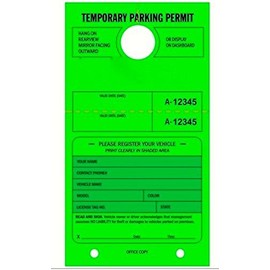 Temporary Parking Permit - Mirror Hang Tag Numbered and with Tear-Off Stub. Fluorescent Green, 50/Pack