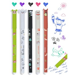 Set of 5 Erasable Gel Pens with Thermo-Sensitive Erasing Ink, Erasable Rollerball Pen 0.7 mm, Various Ink Colours and Animal Motif Designs, Gift for School Beginners