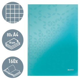 Leitz WOW 46261051 Notebook A4 Squared Hard Cover 160 Pages 80 Sheets FSC Certified Paper 80 g/m² High-Quality Laminated Cover Thread Binding for Office, School or as a Diary, Ice Blue