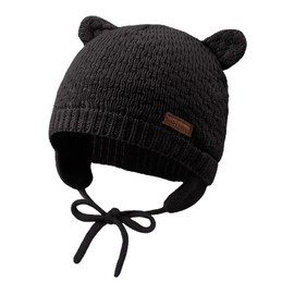 XIAOHAWANG Baby Winter Hat Boys Girls Warm Knitted Hats Soft Cotton Lining with Cute Bear Ears Winter Baby Hat, black