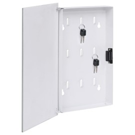 vidaXL Magnetic Board Key Box - Powder-Coated Steel, Tempered Glass Door with 9-Hooks, White, 11.8"x7.9"x2.2"