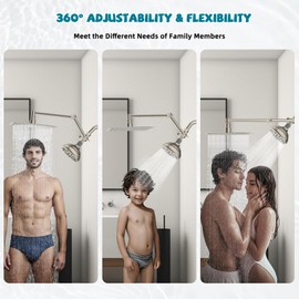 All Metal Shower Head, 10" High Pressure Dual Rainfall/Handheld Shower Head Combo with 16" Adjustable Shower Extension Arm, 7 Spray Modes Fixed Showerhead, 3-Way Diverter Valve, Brushed Nickel