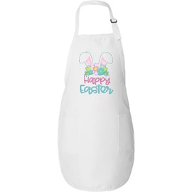 inktastic Happy Easter with Bunny Ears and Flowers Adult Apron White 3a216
