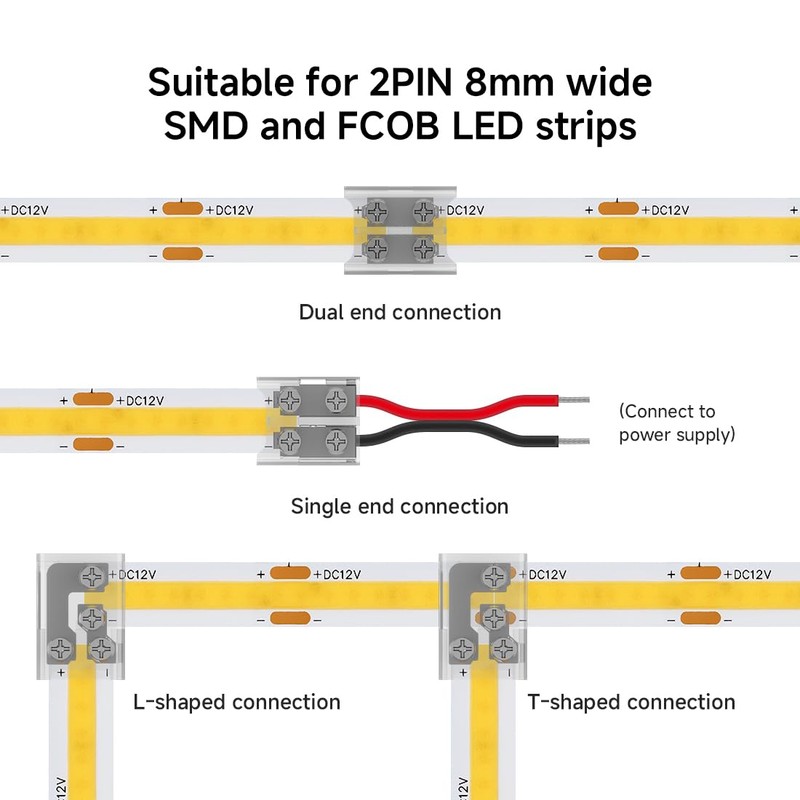 SEZO 10Pcs 2PIN 8mm LED Connectors Kit Transparent Solderless Strip