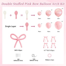 JZCZOEB 181Pcs Coquette Pink Bow Balloons Arch Garland Kit with Double Stuffed Pearl Pink 260 Balloons Pink Bows for Bachelorette Bridal Shower Bow Coquette Birthday Baby Shower Decorations