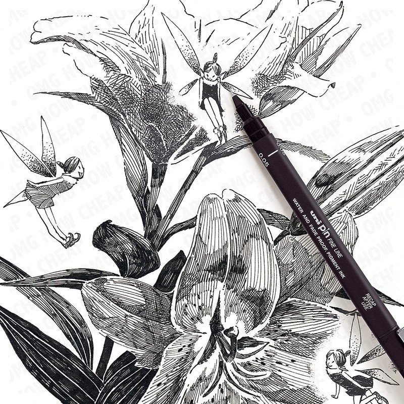 Uni Pin Fineliner Drawing Pen 0.1mm Tip Black Dark Grey