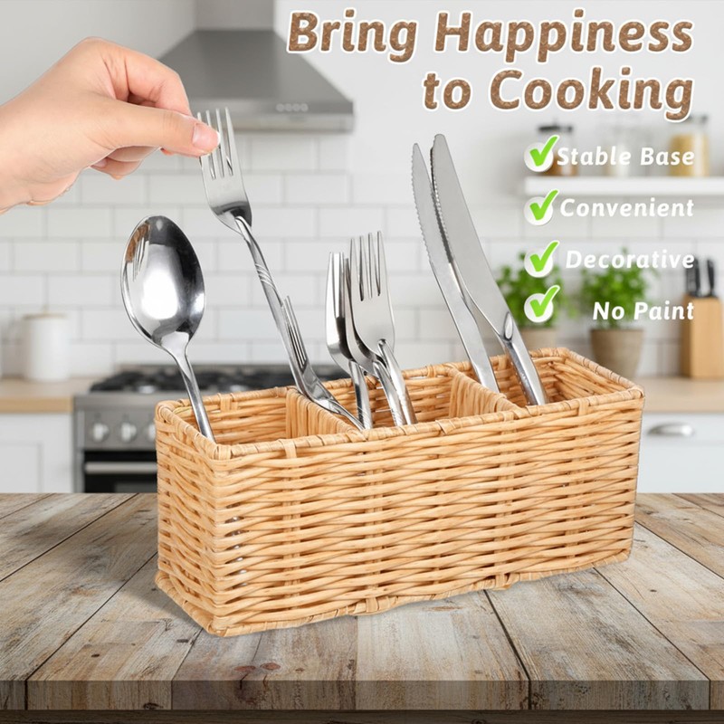 YBEATY Wicker Flatware Silverware Caddy, Plastic Woven Kitchen Cutlery Organizer