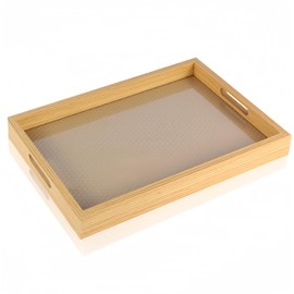 Rattan Rectangular Service Trays, Leather Surface Tray Food Drinks Tray,with Handles for Coffee Table, Breakfast, Dinner & Bar,Kitchen,Party（15.3×11.5×1.8inch）