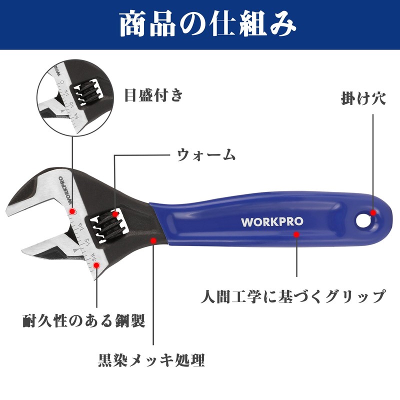 WORKPRO Monkey Wrench Spanner, Adjustable Wrench, Maximum Opening Width 0.9