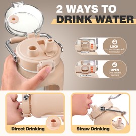 BLUEGO - Botella de agua de 64 onzas de vidrio con mango de acero inoxidable, botella de agua grande con marcadores de tiempo y funda de silicona, jarra de agua de medio galón sin BPA para uso diario