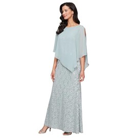 S.L. Fashions Women's Long Length Sequin Lace Beaded Capelet Dress, Formal Evening Gown, (Petite and Regular Sizes), Sage