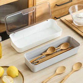 AIYoo Plastic Kitchen Drawer Organizer with Lid and Drainer Stackable Utensil Holder for Countertop Silverware Tray Flatware Organizers - 13x4.7x2.4 Inch Spatula Cutlery Storage Box