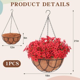 Beeveer Artificial Spring Hanging Flowers in Basket for Home Decoration Faux Orchid Arrangement Porch Plants Coconut Lining Basket for Autumn Courtyard Decor(Red, 1 Pack)