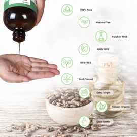 Aceite de ricino orgánico certificado por la USDA, 100% puro, prensado en frío, virgen extra, sin hexano, para el tratamiento del cabello y el cuero cabelludo, estimula el crecimiento del ca