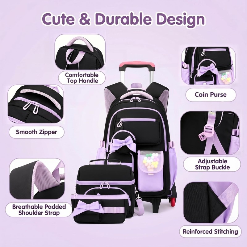 Mildame 3Pcs Girls Rolling Backpack Cute Bowknot Backpack with Wheels