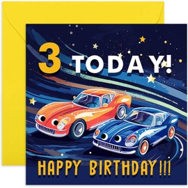 Old English Co. Third Birthday Card for Boys or Girls - Happy 3rd Birthday - Age 3 - Three Years Old - Racing Sports Cars Themed Birthday Card for Son, Daughter, Niece, Nephew, Grandchild