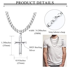 JeweBella Men's Women's Cross Necklace 925 Sterling Silver Cross Pendant with 5 mm Wide Stainless Steel Curb Chain Men's Length 40/45/50/55/60 cm, Silver, Diamond