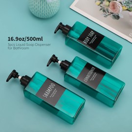 Segbeauty - Botellas de champú acondicionador de 16.9 onzas, 3 unidades de dispensador de prensa de bomba de 500 ml con etiquetas, champú rellenable vacía y jabón corporal, gel de plástico para prensa de baño, recipientes de loción, color verde marino cl