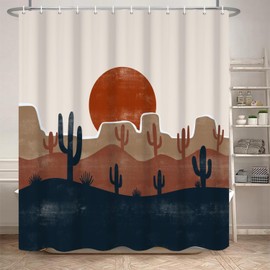 Umpoo Abstract Mid Century Bohemian Bathroom Shower Curtain - Desert Cactus Red Sun With Hooks, Waterproof Fabric Polyester, Modern Aesthetics Home Decorative, 48x72 Inch