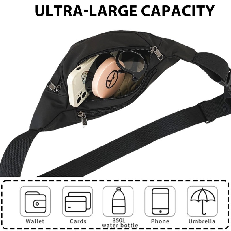 Leogony Fanny Pack for Women Men, Adjustable Black Bum Bag