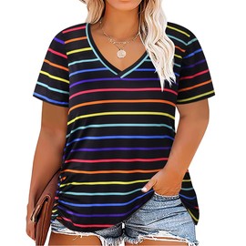 TIYOMI Plus Size Tunic Tops Fashion Blouse Rainbow Colorful Stripes Deep V Neck Raglan Spring Summer Short Sleeved Blouse Black 3XL 22/24 Plus
