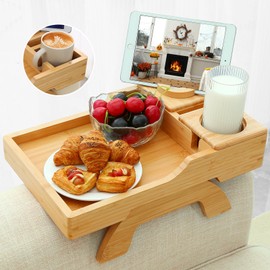 GHKINMAL Bamboo Couch Cup Holder, 4 in 1 Couch Arm Trays with 360°Rotated Phone Holder, Non-Slip Clip on Side Table for Drinks/Remote/Snacks, Ideal Gift for Husband, Wife, Parents