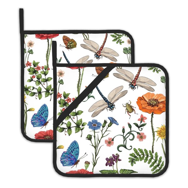 Dragonfly Butterfly Botanical Pot Holders Set of 2, Kitchen Heat