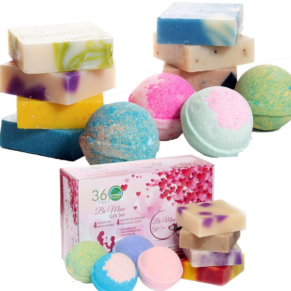 360Feel Be Mine 4 Bath Bombs Plus 4 Handmade Soap Gift Essential Oil Organic Bath Bomb gifts for Men Women