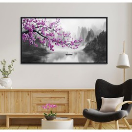 Large Purple Wall Art Decor for Living Room Bedroom Framed Black and White Landscape Full Moon Purple Flower Painting Canvas Picture Plum Blossom Artwork for Home Office 24x48IN