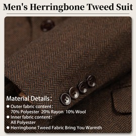 ZKHOECR Suits for Men Retro 3 Piece Brown Herringbone Tweed Suit Tweed Suit Jacket Vest Pants Wedding Prom Tuxedo Suits for Men M