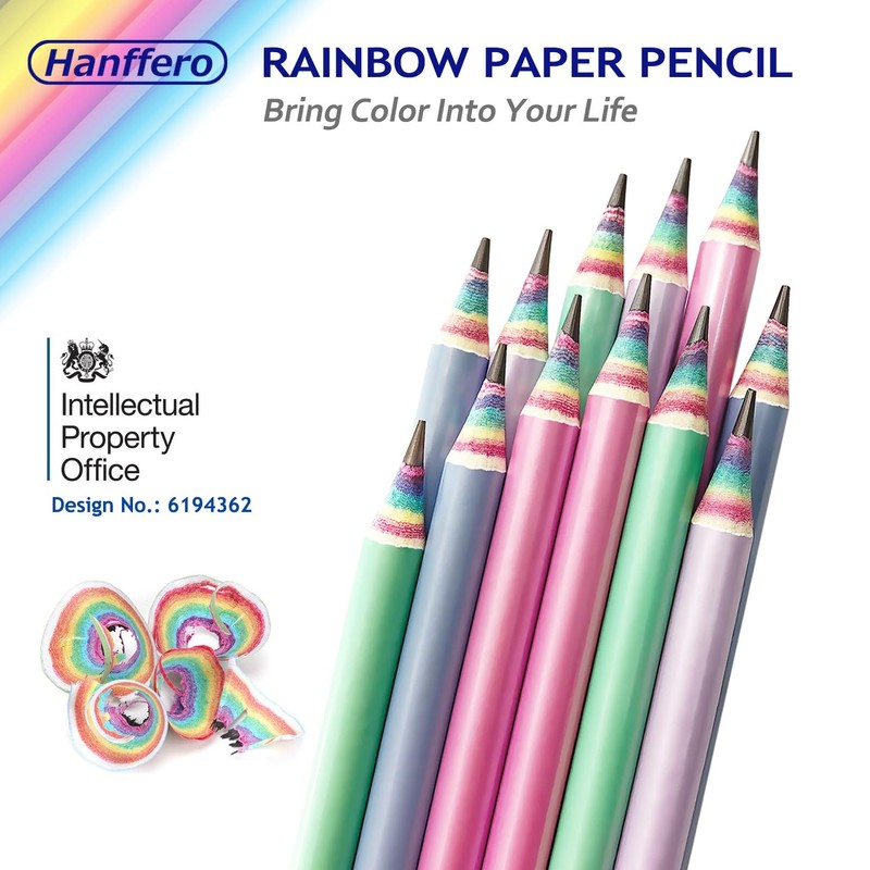 Hanffero Rainbow Pencils, Writing Drawing Pencil with Rubber, Recyclable Paper