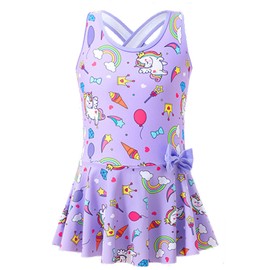 MZSYLK Girls Unicorn Swimming Costume Cute One Piece Swimwear Children Bathing Suit Thick Strap Purple