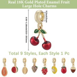 Beebeecraft 9Pcs 9 Styles Small Strawberry Charms Fruit Enamel Charms Real 18K Gold Plated Brass Lemon Grape Food Dangle Large Hole Pendants Accessories for Jewelry Bracelets Necklaces DIY Crafts