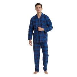 GLOBAL Men's Pajamas Sets 100% Cotton Flannel Sleepwear Long-Sleeve top & Bottom Blue Plaid