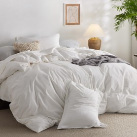 Bedsure 100% Washed Cotton Duvet Cover Queen Size - Cream White Minimalist Cotton Duvet Cover for All Seasons - 3 Pieces Plain Simple Cotton Duvet Cover Set with 2 Pillow shams (White, Queen, 90"x90")