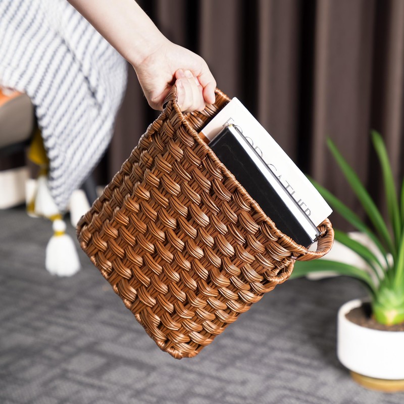 Wicker Waste Basket, Wicker Trash Can with Built-in Handles, Multifunctional