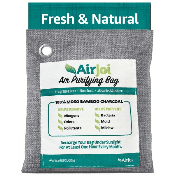 AIRJOI Bamboo Charcoal Air Purifying Bag (Single Unit), Activated Charcoal Odor Absorber, Natural Air Freshener Removes Odor and Moisture, Odor Eliminator for Car, Closet, Bathroom, Pets, Shoes