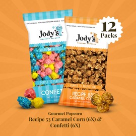 Jody’s Gourmet Popcorn Bundle - Recipe 53 Caramel Corn & Confetti Popcorn, 12-Pack, 7oz Bags - Sweet & Salty Popcorn Gift Pack for Parties, Movie Nights, Birthdays, and Celebrations